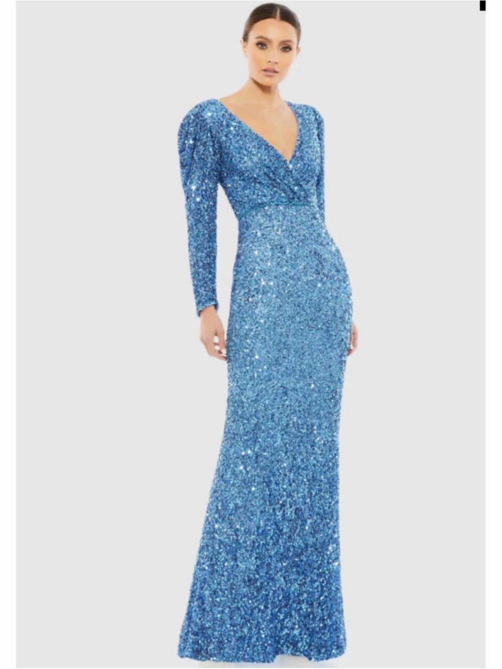 Mac Duggal Blue Sequin Long Sleeve V-Neck Evening Gown